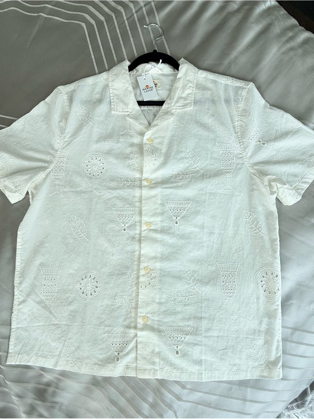 NWT Marine Layer Men’s White Short-Sleeve Embroidered Cotton Camp Shirt - Large